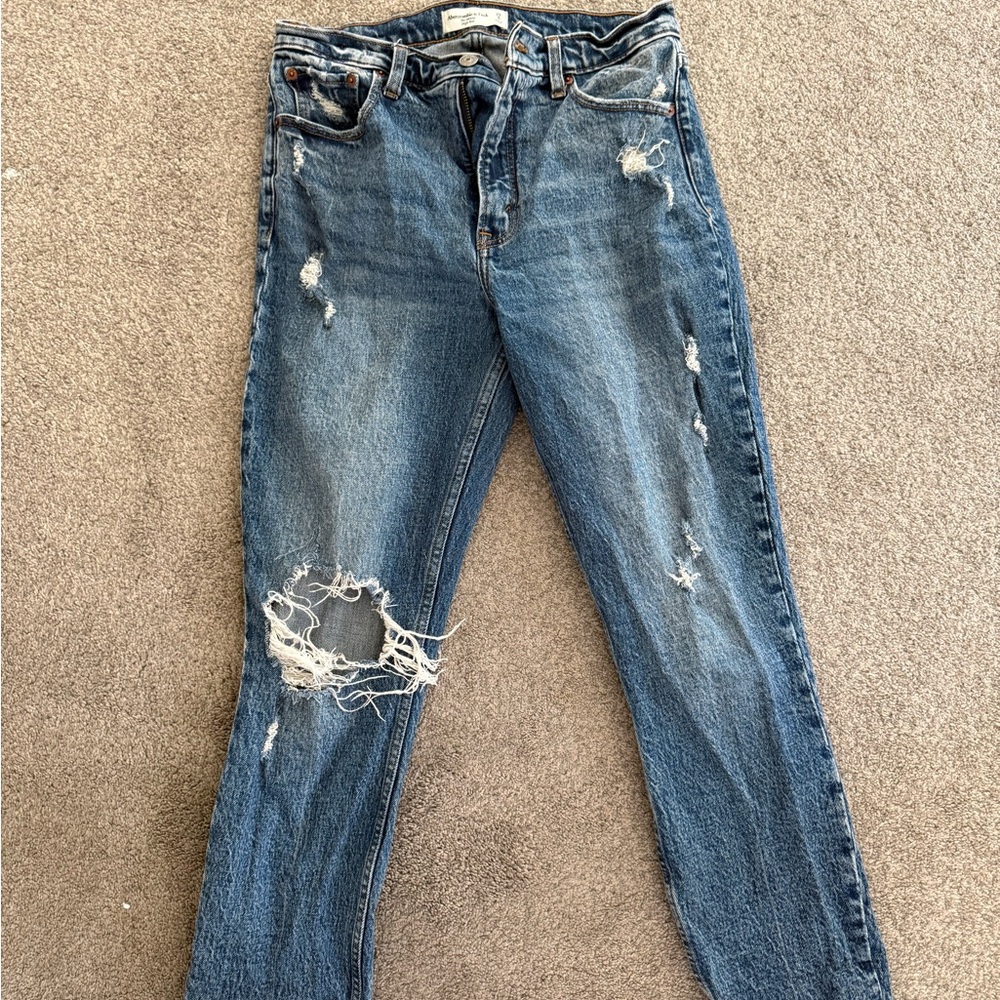 Abercrombie & Fitch Blue Straight Leg Jeans with Distressed Details